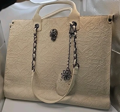 Betsey Johnson 2025 Skull Tote Bag Embossed Faux Leather Purse Handbag Cream - Image 1 of 4