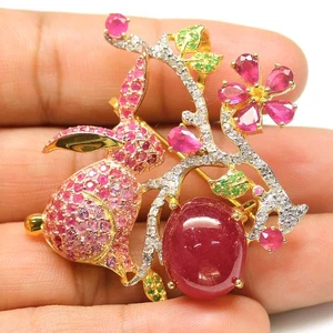925 Silver 14 x 17 mm. Red Ruby, Sapphire, Tsavorite & Zircon Brooch/Pendant - Picture 1 of 4