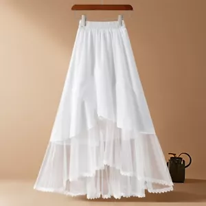 Lady Girl Elastic Waist Midi Skirt Ruffle Irregular Mesh Splicing Gauze Summer - Picture 1 of 19