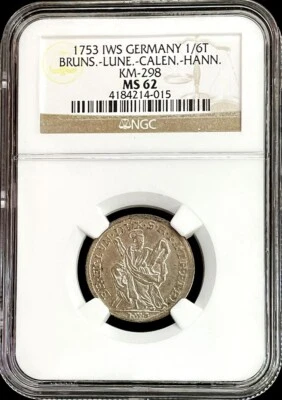 1753 IWS BRUNSWICK-LUNEBURG-CALENBERG 1/6 THALER GERMAN STATE NGC MINT STATE 62 - Image 1 of 2