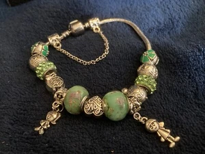 Silver Tone 20cm Green & Silver Charm Bracelet Boy, Girl, Snail, Turtle + ❤️🌸 - Picture 1 of 19