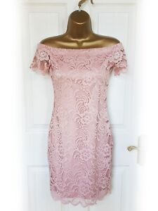 PAPAYA Baby Pink Floral Lace Bardot Bodycon Dress, size S - VGC