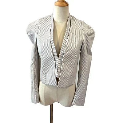 Zara Basic Collection Sm White Pin Striped Cropped Jacket Fitted Puff Shoulder - Image 1 of 4