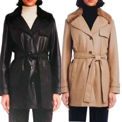 NUEVO Gabardina Vince Camuto Mujer Imitación Cuero con Cinturón Negro, Bronceado M, L, XL Foto 1 de 4