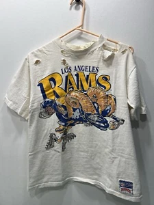 Vintage 1988 LOS ANGELES RAMS T-SHIRT NFL NUTMEG Distressed / Yellowing Sz Large - Picture 1 of 24