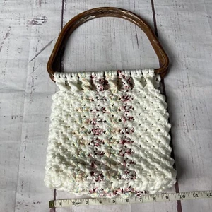 Vintage Crochet Hand Bag Purse Ivory Striped Plastic Handles Retro Boho Macrame - Picture 1 of 10