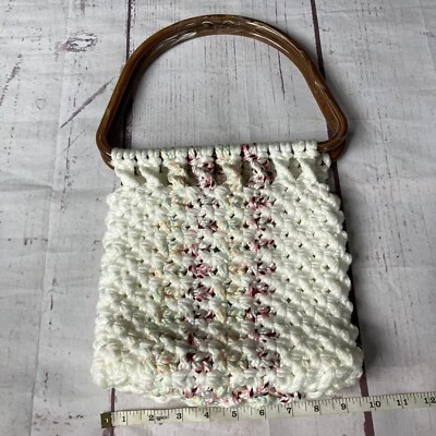 Vintage Crochet Hand Bag Purse Ivory Striped Plastic Handles Retro Boho Macrame - Image 1 of 4