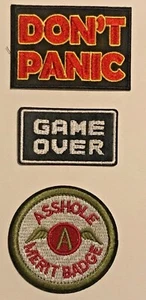 Embroidered Iron On Patches Slogans Dont panic Game over Asshole merit badge #62 - Picture 1 of 7