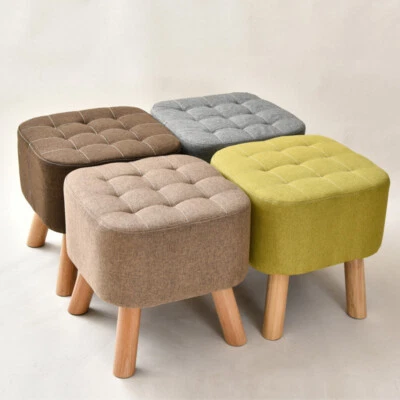 Linen Fabric Padded Footstool Footrest Square Pouffe Wooden Leg Stool Chair - Image 1 of 4