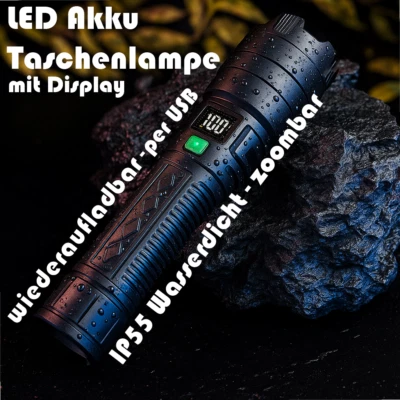 Hochleistungstaschenlampe Taschenlampe Akku mit  LCD-Anzeige USB-C Ladeanschluss - Bild 1 von 4