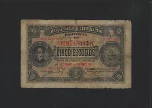 PORTUGAL SAINT THOMAS AND PRINCE 5 ESCUDOS 1935 P-26 RARE - Picture 1 of 2