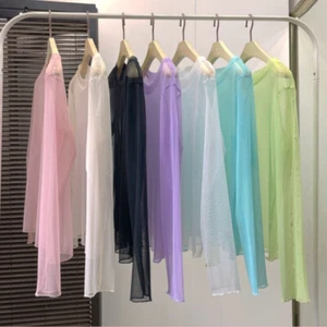 Lady Sheer Mesh Basic T Shirt Blouse See Through Crew Neck Tops Sun Protective - Picture 1 of 18