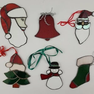 Christmas Stained Glass Suncatcher Lot of 6 Santa Snowman Stocking Tree Bell - Picture 1 of 10