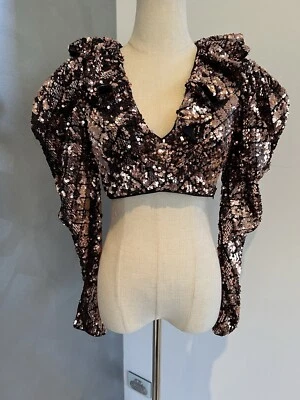 CAMILA COELHO GOLD SEQUIN BIG SHOULDER SPARKLE CROP BLOUSE SZ XS NWT DANCE NIGHT - Image 1 of 4