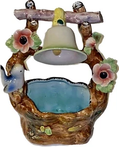 Vintage Italian Majolica Floral Bell Bird Wishing Well Planter Cache Pot Signed - Picture 1 of 15