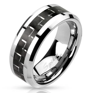 Ring Luxus Herren Titan & Streifen Schwarz Kohlefaser Silber Neu 2313 - Bild 1 von 1