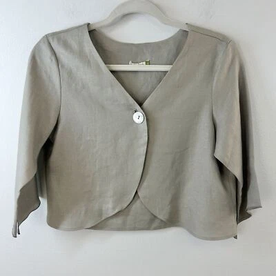 Chaqueta Chalet Mujer Lino Bolero Corto Taupe 100% Lino Botón Manga 3/4 EE. UU. Foto 1 de 4
