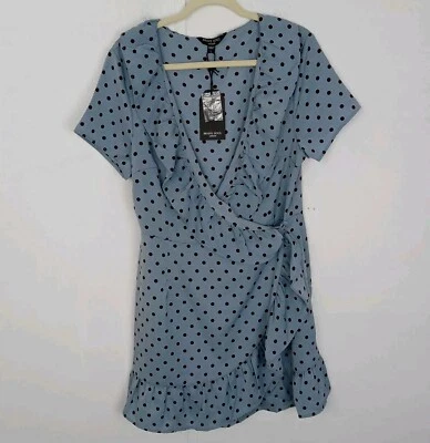 Brave Soul London Wrap Dress Size L Blue Brown Polka Dot Ruffles Coquette Midi Foto 1 de 4