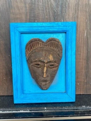 Vintage Wooden Hand Carved Tribal Mask Sculpture Wall Hanging Blue Wall Frame - Image 1 of 4