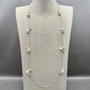 Ann Taylor Long Necklace Faux Pearl Crystal Ball Beaded Silver Tone Chain 26" - Picture 1 of 12