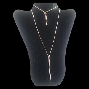 Juego de collar y pulsera Lariat de diamantes de imitación de cristal de 2 mm de una fila en tono oro rosa - Imagen 1 de 18
