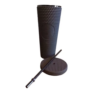 Starbucks Matte Black Studded Texture Tumbler Cold Cup Lid Straw 24oz Venti - Picture 1 of 9