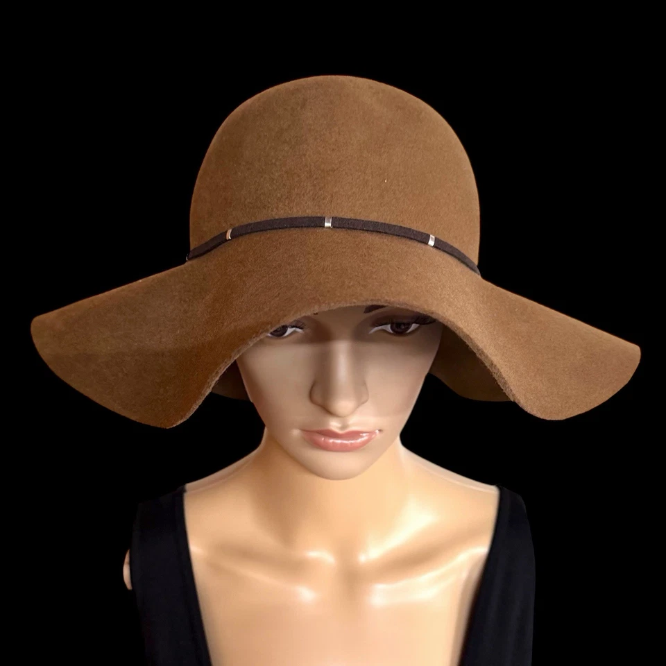 Nine West Womens Wool Trench Hat Felt Camel Brown Floppy Wide Brim Elegant - Image 1 of 4
