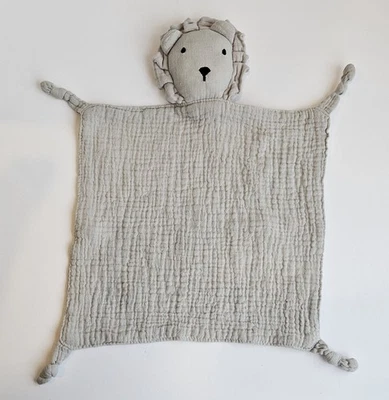 Manta de seguridad gris muselina león bebé esquinas anudadas Lovey 10" x 13" Foto 1 de 4