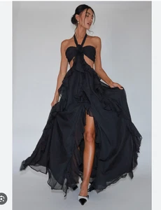 LUXXEL Black Strapless Ruffle Gothic Formal High Low Maxi Dress Rosette Size L - Picture 1 of 24