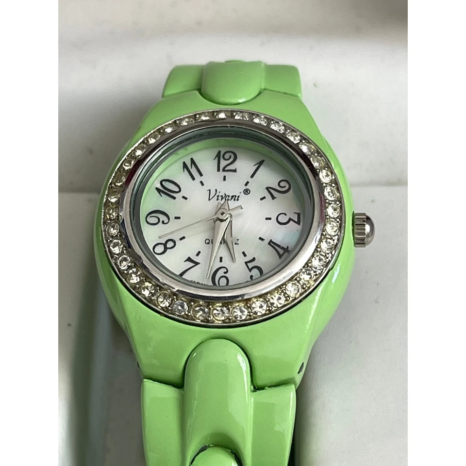 Vivani Bright Green with Silver Rhinestone Face Link Watch  - Image 1 of 4