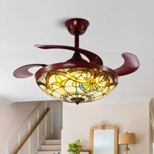 42" Stained Glass Style LED Chandelier 3-Color, Remote 3-Speed Ceiling Fan Light - Picture 1 of 13