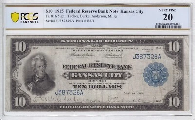 1915 $10 Federal Reserve Bank Note Kansas City MO FR#816 PCGS VF20 J387326A - Image 1 of 2