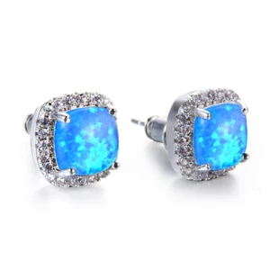 925 Sterling Silver Plated Square Blue Fire Topaz Gems Woman Stud Hook Earrings - Picture 1 of 6