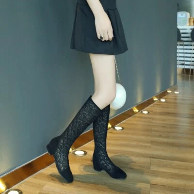 Mujer Zapatos de salón Huecos Hasta la Rodilla Bota Malla Gruesa Gladiador Sandalia Tacón Medio Foto 1 de 4