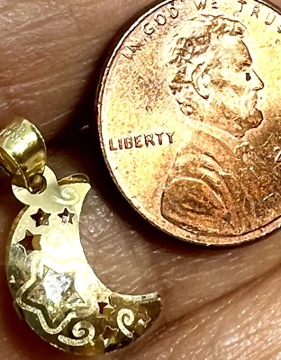 GOLd Star Moon Crescent Luck love 10k cz charm bracelet gift small dainty .65" - Image 1 of 4