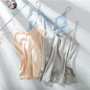 Womens Silk Satin Tank Cami Plain Sleeveless Strappy Camisole Vest Casual Tops - Picture 1 of 23