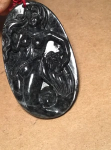 Carved Green Jadeite Mermaid / Dolphin Two Sided Pendant Not Translucent - Picture 1 of 11