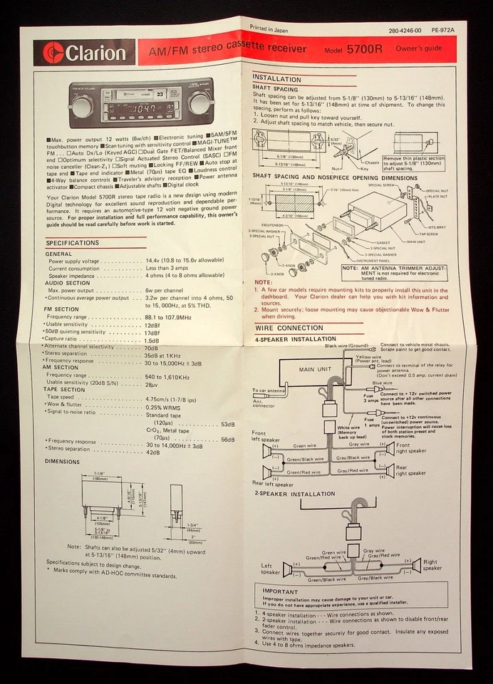 Clarion 5700R Am/FM Cassette Receptor Instrucciones Folleto Manual Guía del Propietario Foto 1 de 4