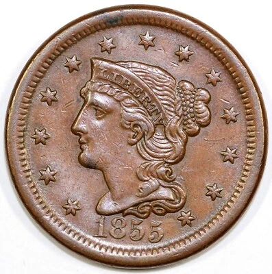 Centavo grande cabello trenzado 1855 1c N-4 Foto 1 de 2