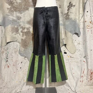 VINTAGE 70s BLACK GREEN STRIPE LEATHER LACE FRONT BELLBOTTOM PANTS - Picture 1 of 5
