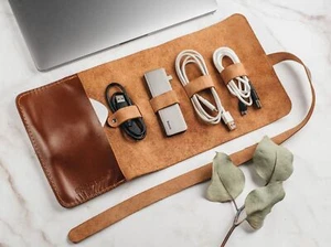 Brown 100% Leather Cable Organizer with Pocket Cord Wrap Wire Holder Travel case - Picture 1 of 18