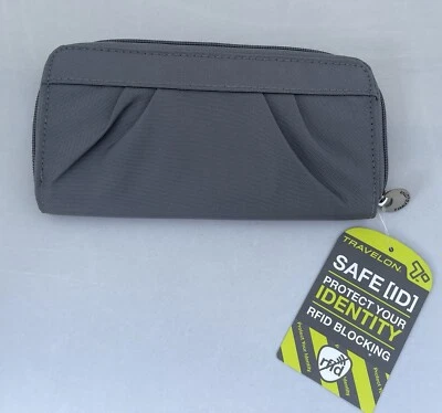 Cartera Travelon para mujer identificación segura RFID bloqueo gris cremallera forro púrpura nueva con etiquetas Foto 1 de 4