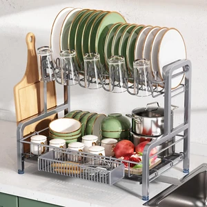 Dish Drying Rack and Drainboard Set, 2 Tier Large Stainless Steel Sink Organizer - Picture 1 of 6