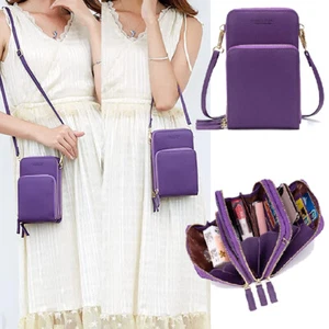 Purple Women Leather Cell Phone Purse Bag Shoulder Strap Crossbody Pouch Wallets - Picture 1 of 8