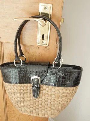 Vintage Wicker Basket Top Handles Bag Mock Croc Faux Leather Trim - Image 1 of 4