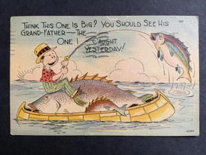You Should See the One I Caught Yesterday! Fishing Exaggeration Postcard 1942 - Picture 1 of 2