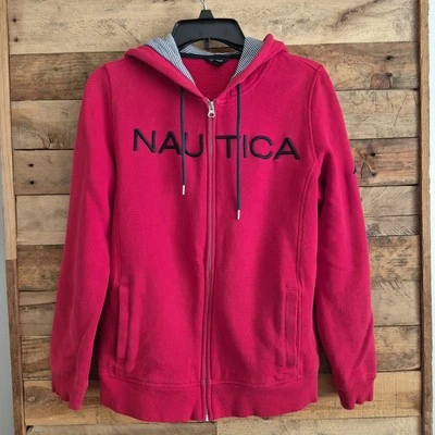 Sudadera con Capucha Nautica Cremallera Completa Spellout Para Mujer L Rojo Rayas Capucha Bordado Logo    Foto 1 de 4