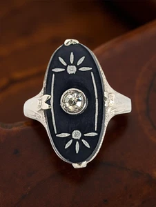 ANELLO ESTATE ART DECO ORO BIANCO MASSICCIO 14K DIAMANTE NATURALE ONICE NERA MISURA 3 8133 - Foto 1 di 5