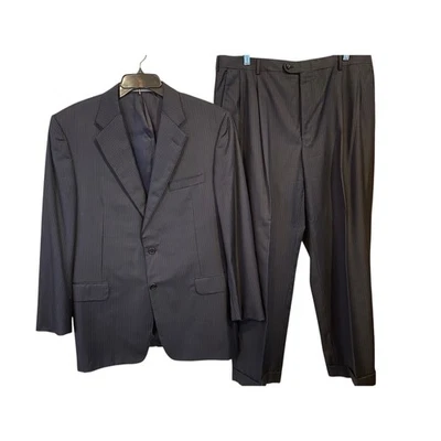 Hickey Freeman Black Pinstripe Suit Men 43R Loro Piana Tasmanian Super 130s Wool - Image 1 of 4