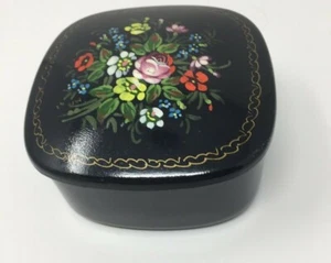 Black Hand painted floral 4" square Metal Jewelry Trinket Box red interior - Picture 1 of 8